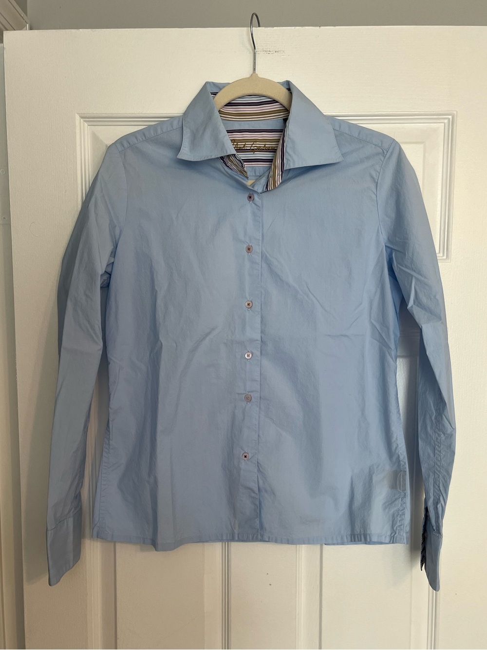 Robert Graham Light Blue Women’s Dress Shirt with Striped Inner Collar
